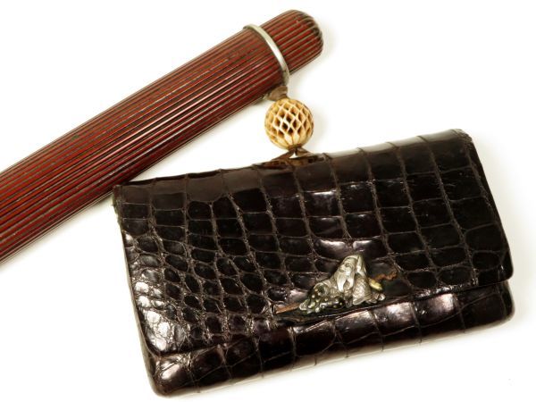 【7158】明治期 堤物 鰐革 寿老人 金具 キセル筒(初品・買取品)拍卖
