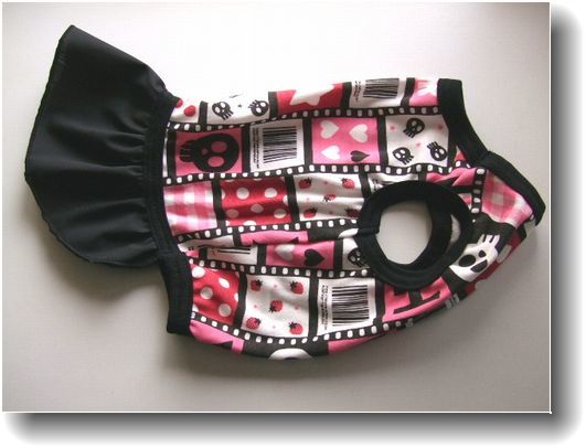 女の子用犬服X02-DS■DSサイズ■ダックスS等小型犬用ネガドクロ柄ワンピース風裾フリルTシャツ*ピンク色系ハンドメイド拍卖