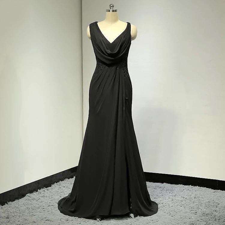 素敵プロムドレス ブラック Vネット ロングパーティードレス 上品 サイズオーダー無料 ショートトレーン 色変更無料 ピアノ演奏会拍卖