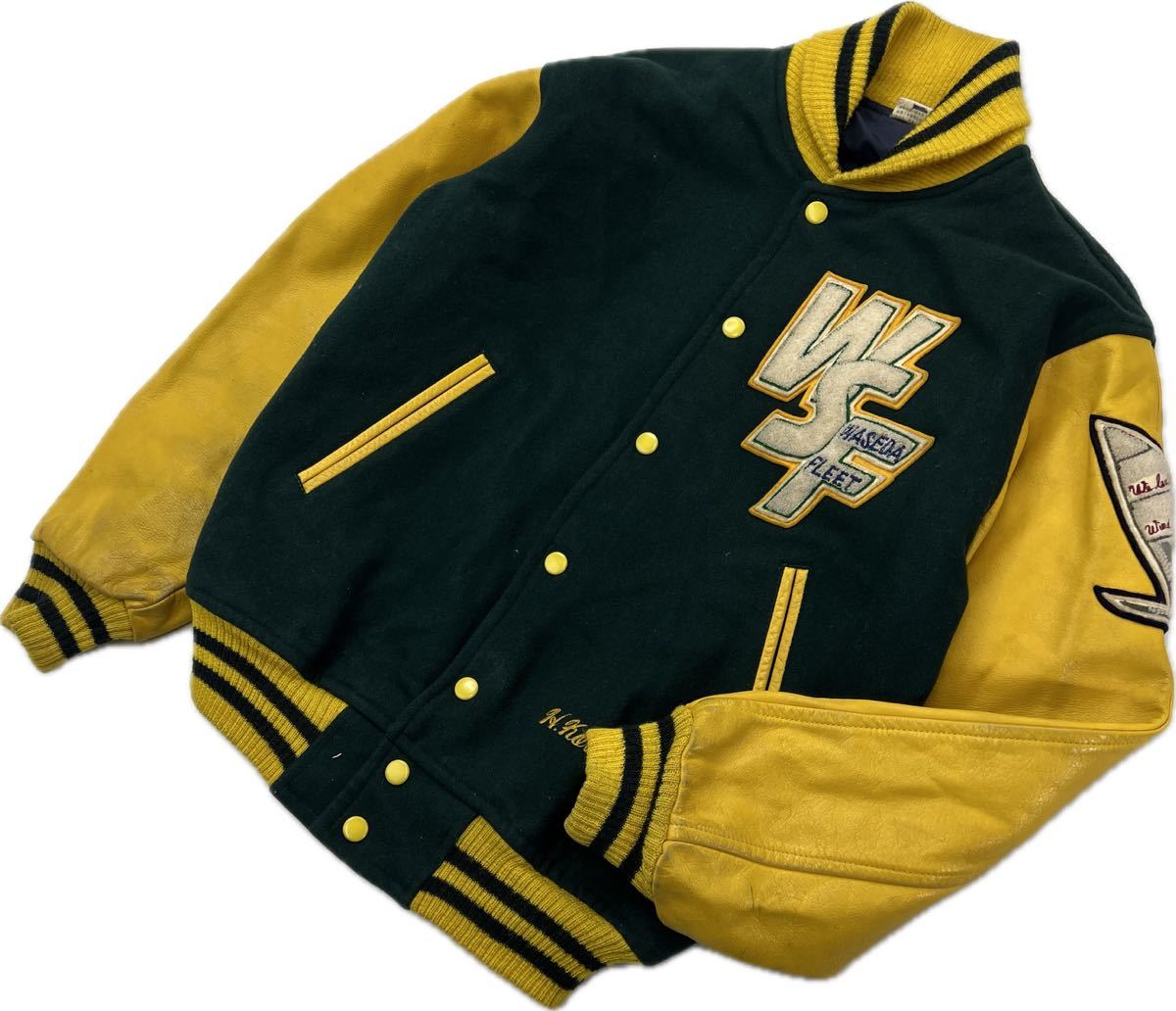 早稲田大学 ☆ 超希少 ウィンドサーフィン チーム 袖革 スタジャン ジャケット イエロー グリーン M 日本 有名大学 ビンテージ 古着■S2874拍卖