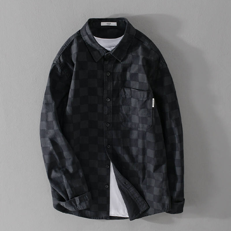 長袖シャツ シャツジャケット 開襟千鳥格子 ウエスタンシャツ 春秋服 ブルゾン メンズ*新品 トップス【9768】黒【M-3XL選択】拍卖