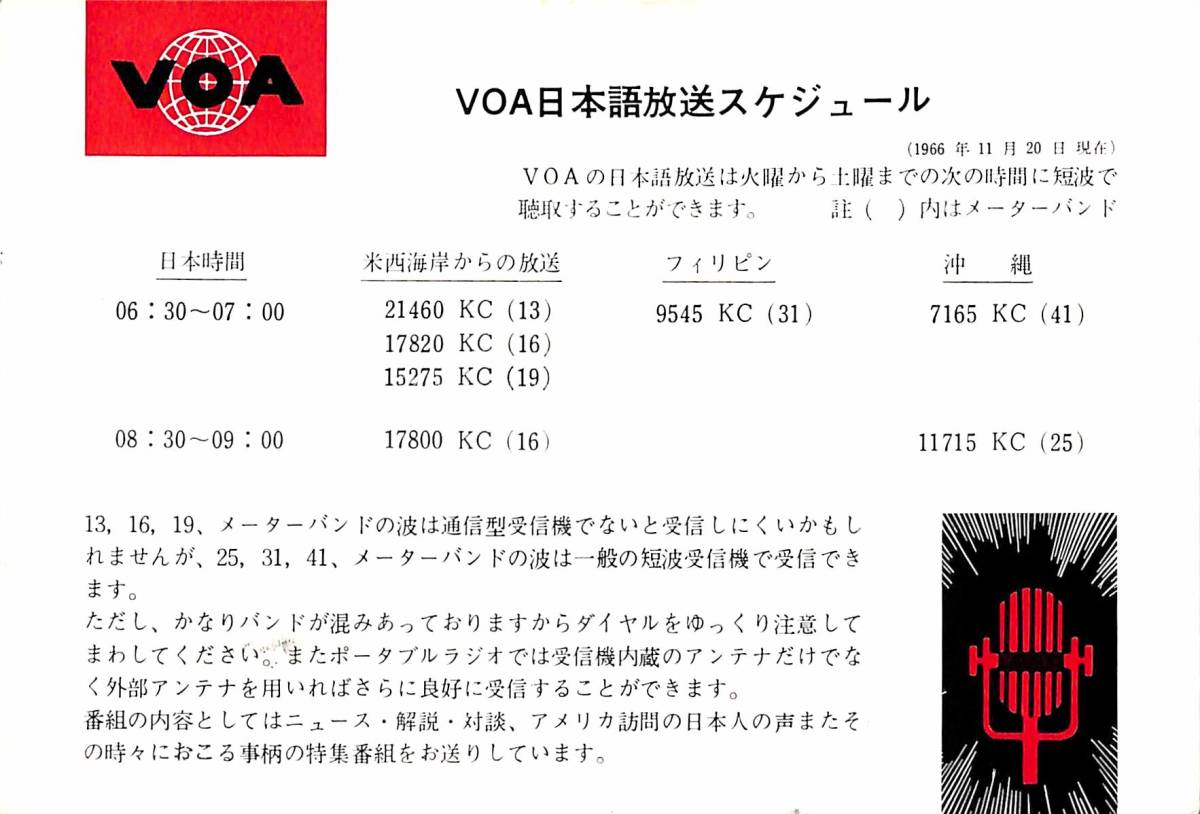 ①BCL★入手困難★日本語放送スケジュールハガキ★VOA★アメリカの声★アメリカ大使館ラジオ部★1966年(★昭和41年)拍卖
