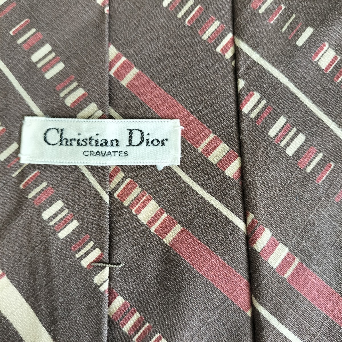 Christian Dior(クリスチャンディオール)茶ボルドーベージュストライプネクタイ拍卖