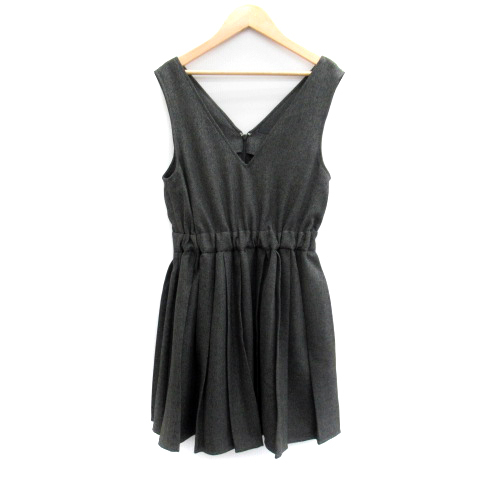 ヘザー Heather プリーツワンピース ひざ丈 ノースリーブ Vネック ヘリンボーン柄 F チャコールグレー 黒 /SY2 レディース拍卖