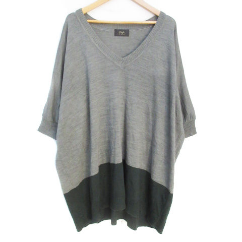 クロシェ CLOCHE チュニック ニット カットソー 五分袖 ドルマンスリーブ Vネック 2 バイカラー 杢グレー 緑 グリーン /FF18 レディース拍卖