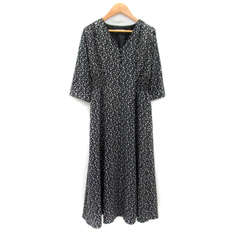 ナイスクラップ NICE CLAUP ナチュラルクチュール ワンピース ロング丈 半袖 Vネック 花柄 黒 ブラック 白 ホワイト /SY37 レディース拍卖