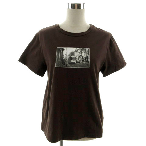 スウィンスウィング SWINSWING Tシャツ 半袖 丸首 フォトプリント 日本製 コットン混 ブラウン 茶 42 大きいサイズ レディース拍卖