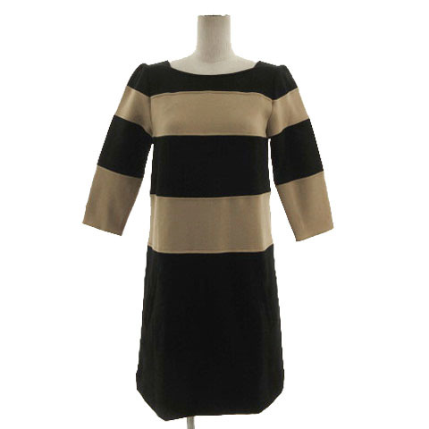 ビアッジョブルー Viaggio Blu ワンピース 七分袖 ひざ丈 ストレッチ 日本製 ボーダー ブラック 黒 ブラウン系 茶系 1 レディース拍卖