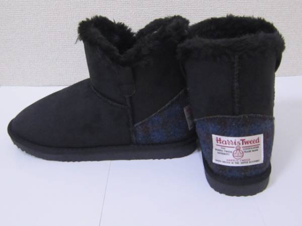 3L◆ハリスツイード ボアブーツ◆SALE◆スタイルアップインヒール付♪ 未使用 ブラック 黒 青ツイードチェック拍卖