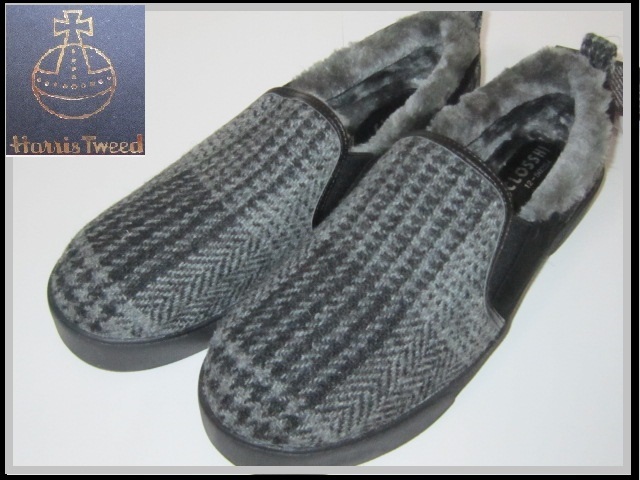 4L◆ぽかぽか ハリスツイード SALE◆スリッポン♪ 未使用 ブラック グレー チェック拍卖