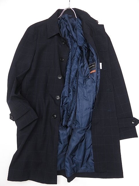 【送料無料】パーフェクトスーツファクトリー ステンカラーコート ライナー付き 大判チェック柄 紺 M拍卖