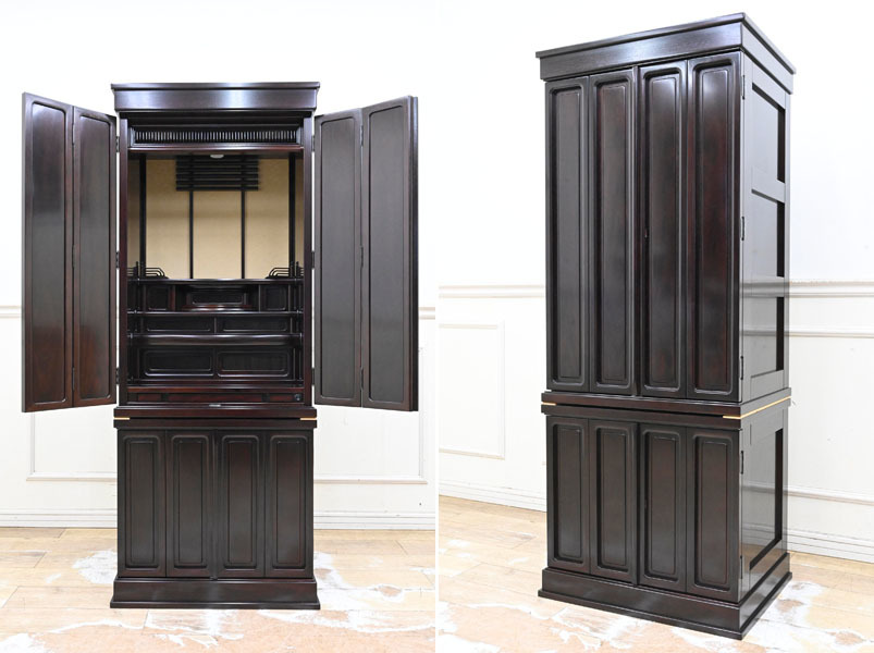 DM146 国産 仏壇屋閉店 新品 展示品 定価118万円 縮杢 高級 仏壇 手造り 見事な彫刻 仏具 経机収納型拍卖