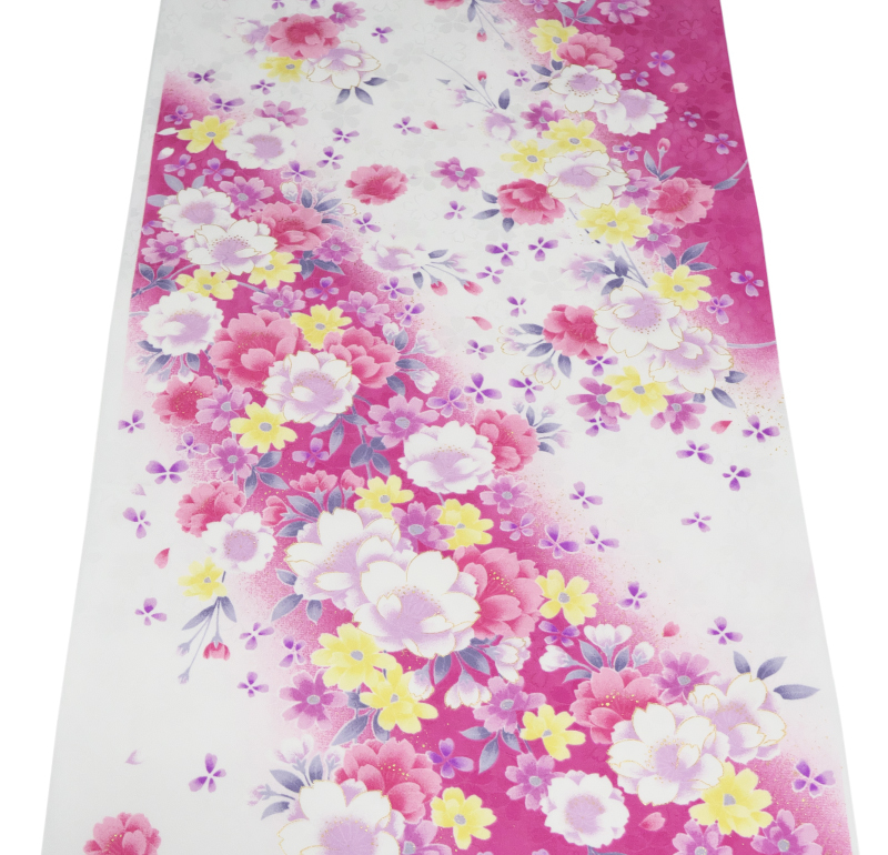 183番 新品 化繊(ポリエステル)振袖用生地端切れ 39.5センチ×150センチ 白と花菖蒲色の斜め縞に桜尽くしとコスモスの花 金彩加工入拍卖