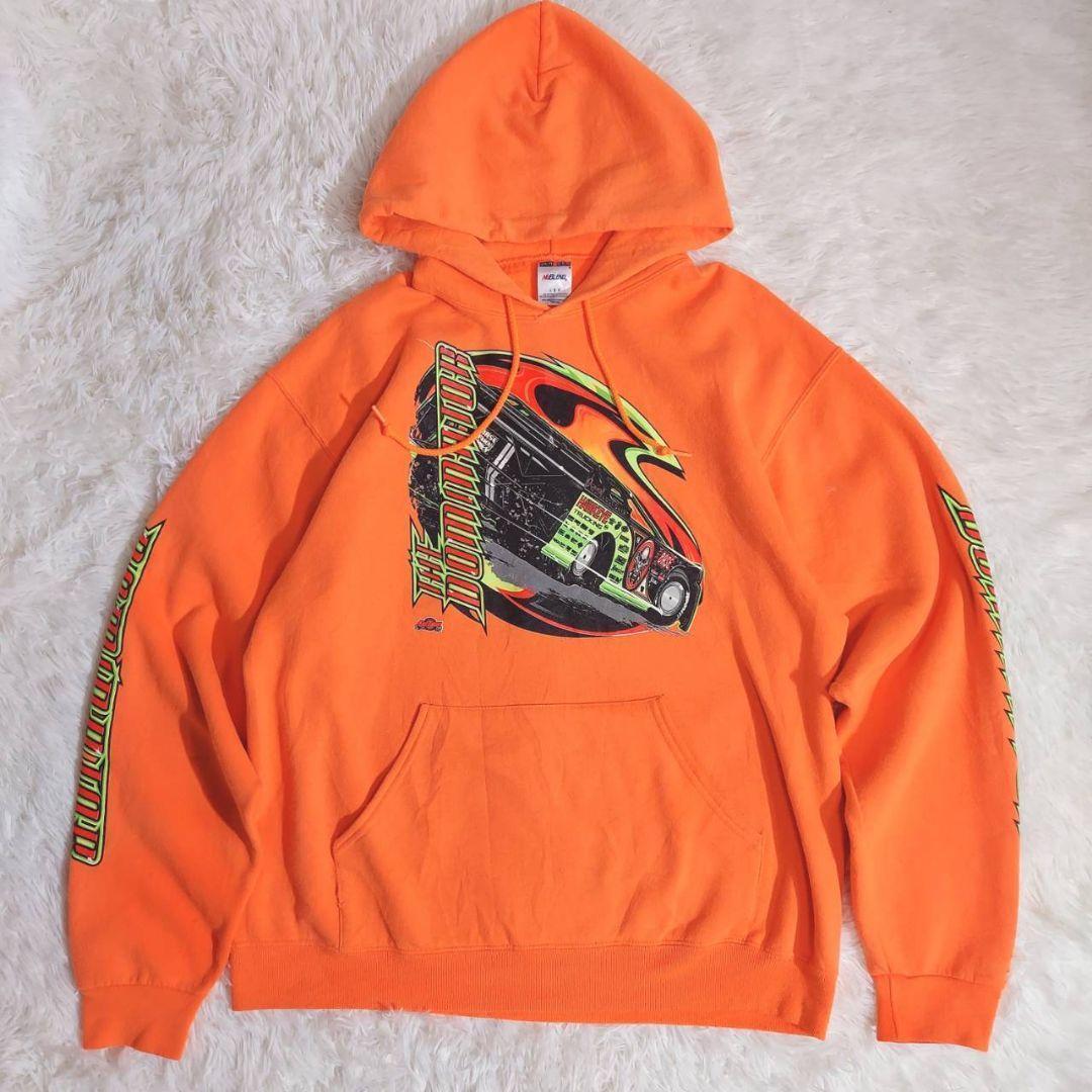 USA古着 車レーシング・両面&袖プリント・プルオーバー パーカー 表記サイズL 蛍光っぽいオレンジ ARIZONA スポーツカー バックプリント拍卖