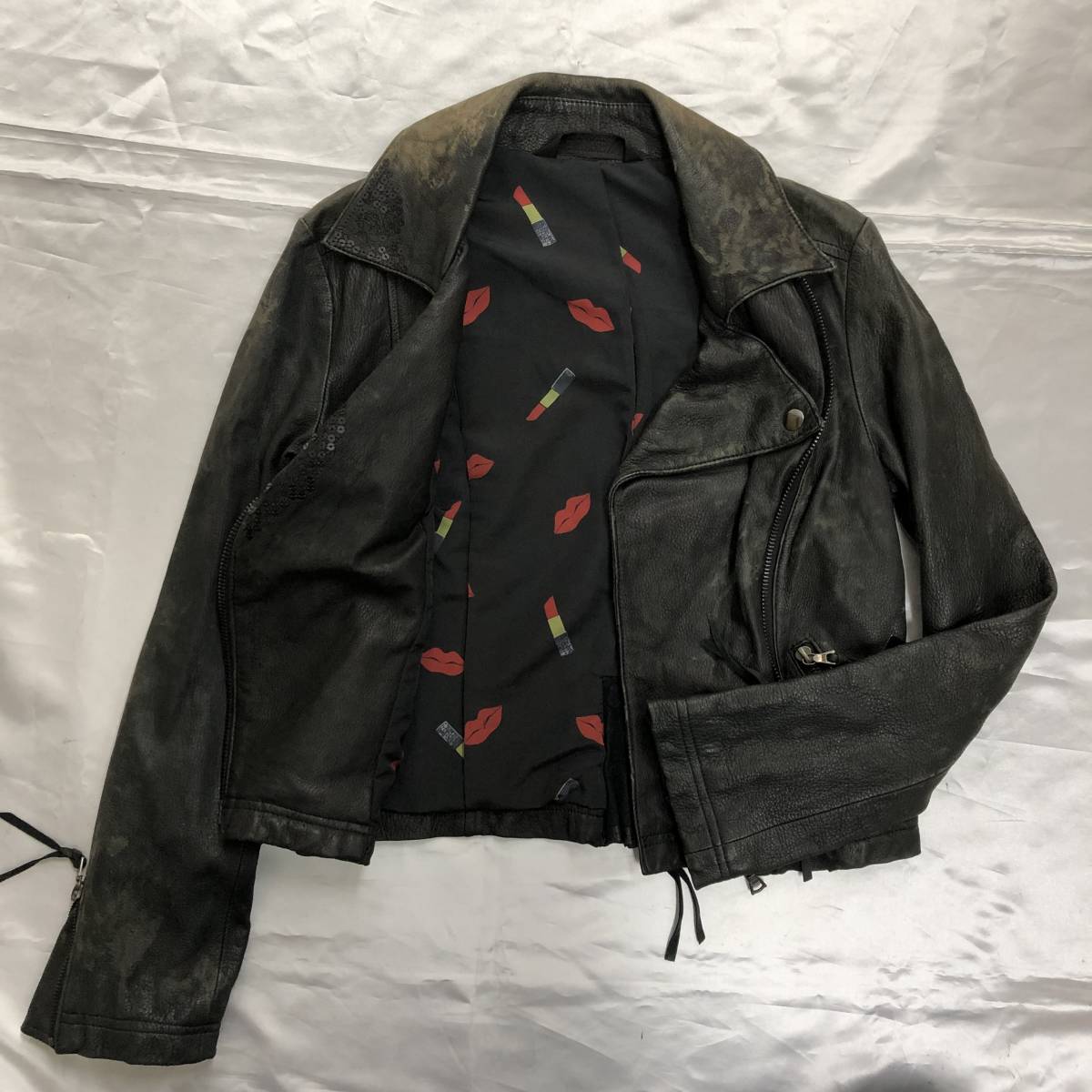 【SUIREN】 訳アリ ライダースジャケット レザー 上着 アウター ブラック 本革 鹿革拍卖