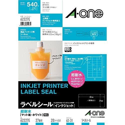 エーワン ラベルシール インクジェット 超耐水 マット紙 27面 20シート 62227E拍卖