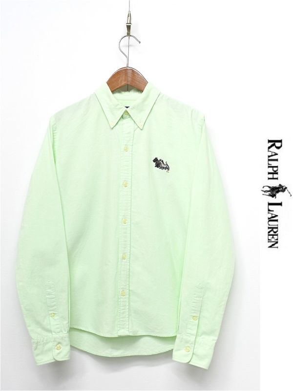 L288/美品 RALPH LAUREN オックスフォード シャツ ブラウス ワンポイント 刺繍 犬 ドッグ 長袖 ボタンダウン 11 L 緑 ライトグリーン拍卖