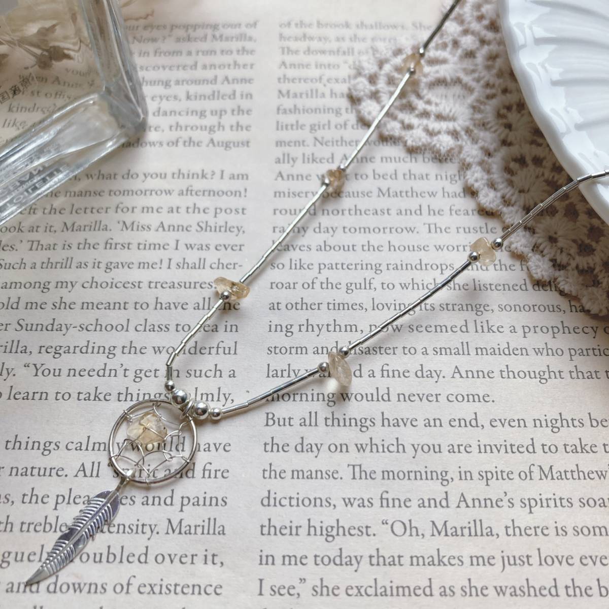 ドリームキャッチャーネックレス オレンジストーン シルバー 天然石 ビーズ 美品☆Vintage jewelry accessories k0003拍卖