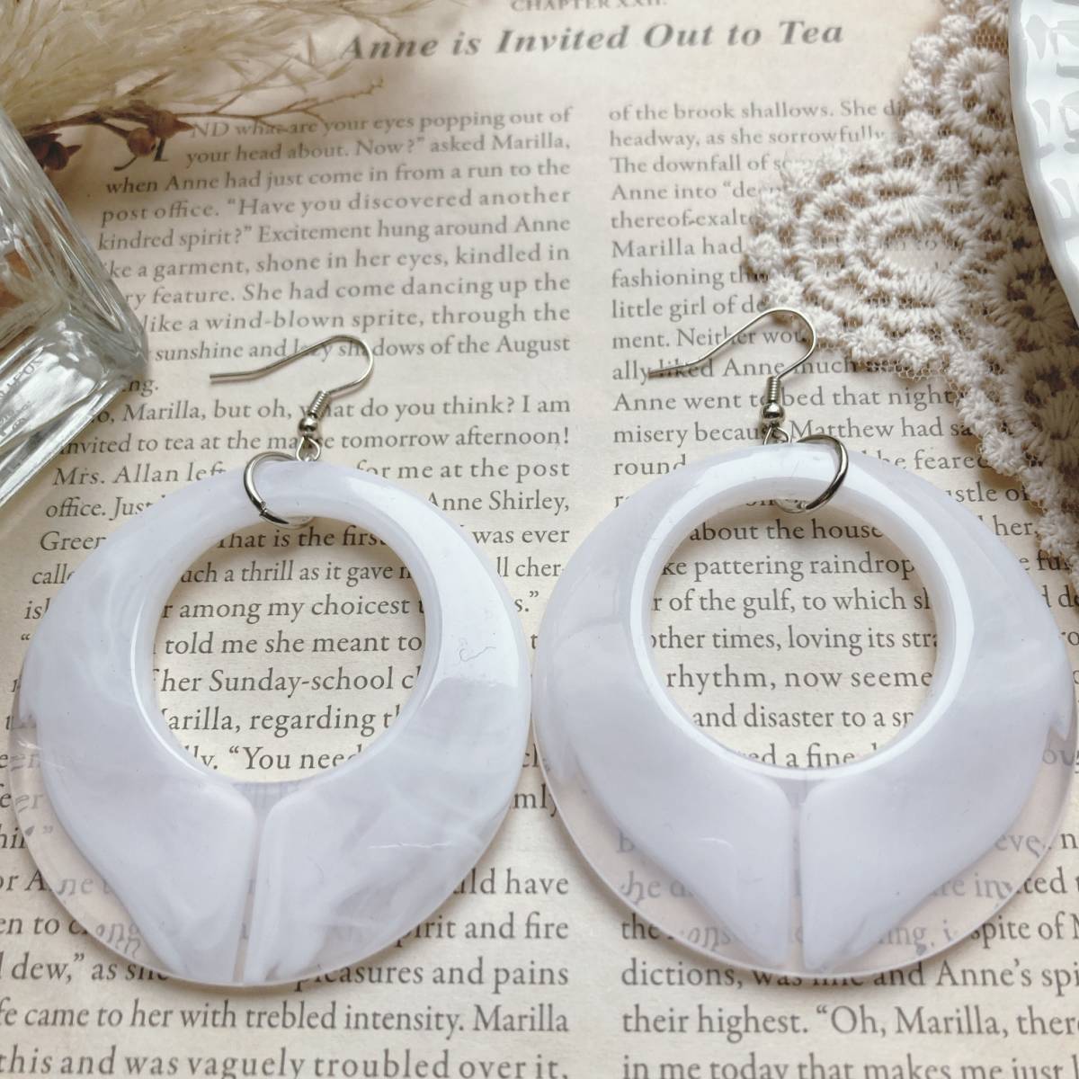 ピアス 大ぶり ホワイト レトロポップ ゆらゆら マーブル シルバー☆Vintage jewelry accessories k0007拍卖