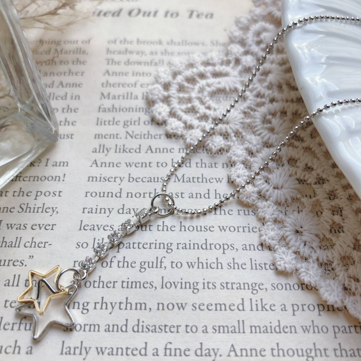 ネックレス シルバー ラインストーン 星 スター ゴールド ボールチェーン 美品☆Vintage jewelry accessories k0021拍卖