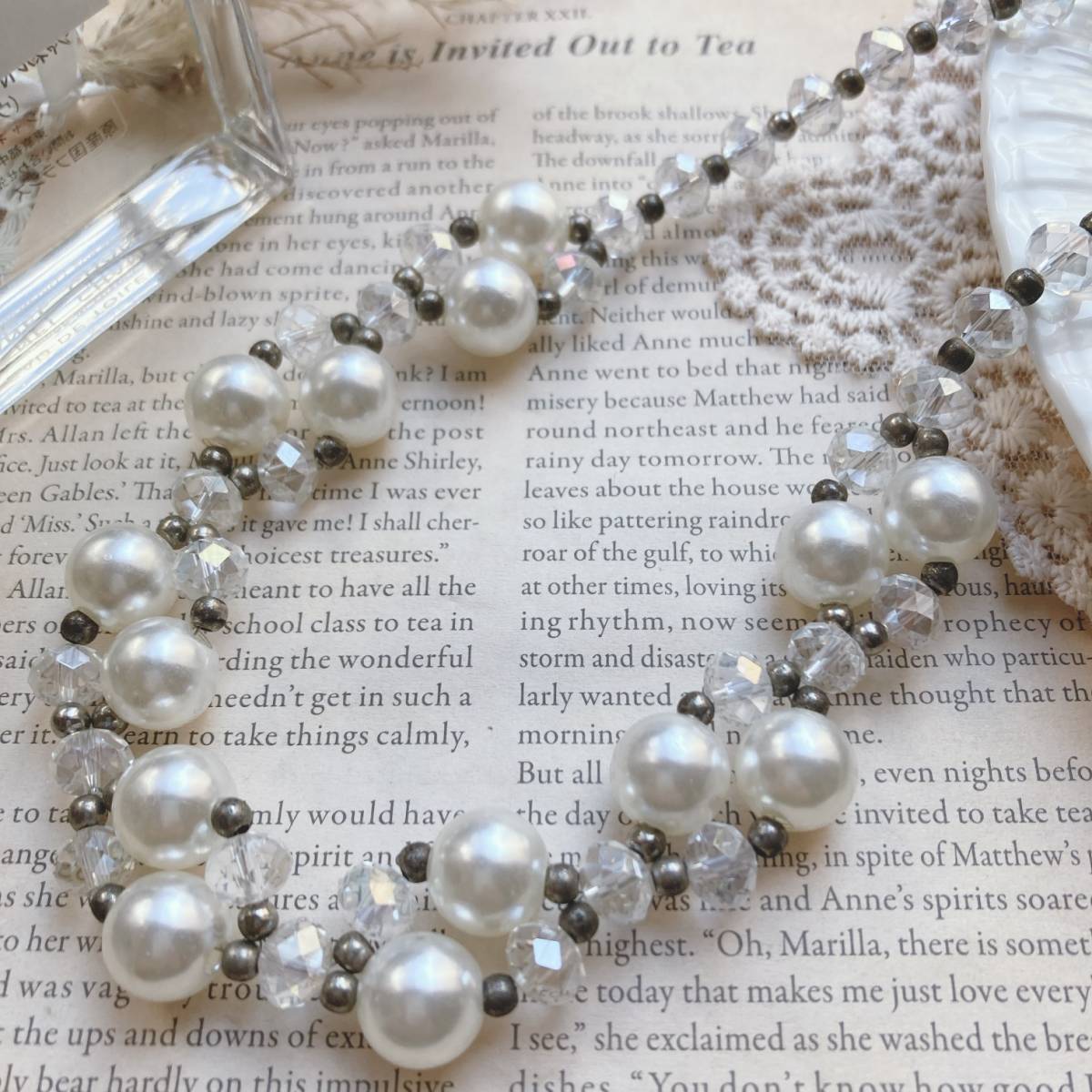 ヴィンテージネックレス 大粒パール クリスタル 水晶 アンティークネックレス キラキラ☆Vintage jewelry accessories k0048拍卖