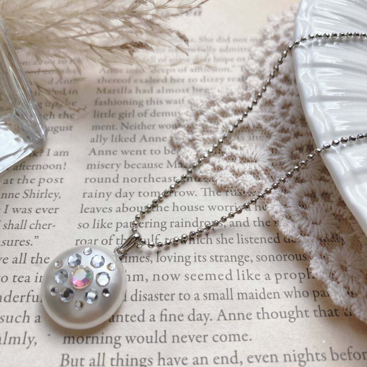 ヴィンテージネックレス ショート シルバー パール ストーン キラキラ ボールチェーン☆Vintage jewelry accessories k0084拍卖