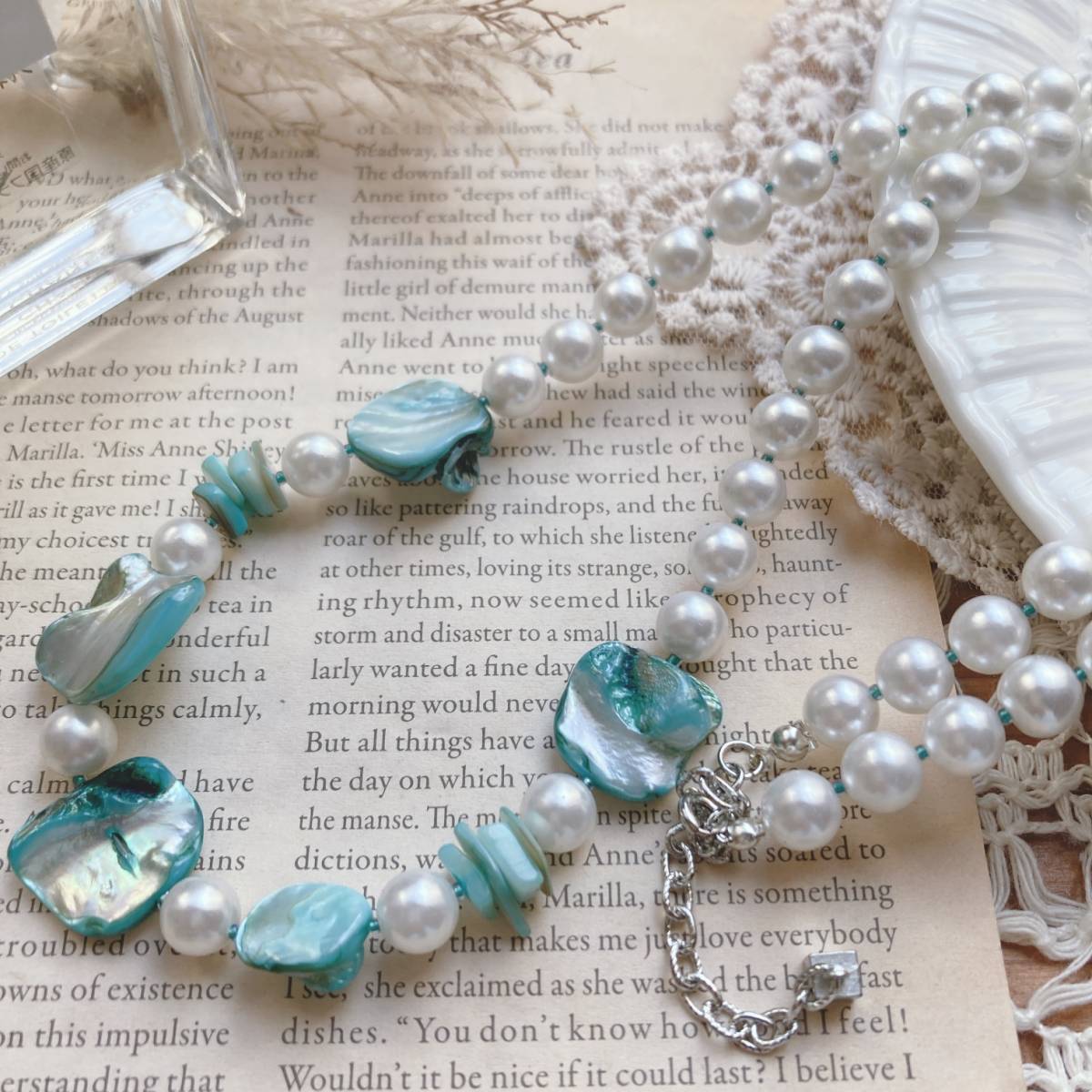 パールネックレス ロング ブルー シルバー 8mm 60cm メンズ レディース 軽量 美品☆Vintage jewelry accessories k0132拍卖