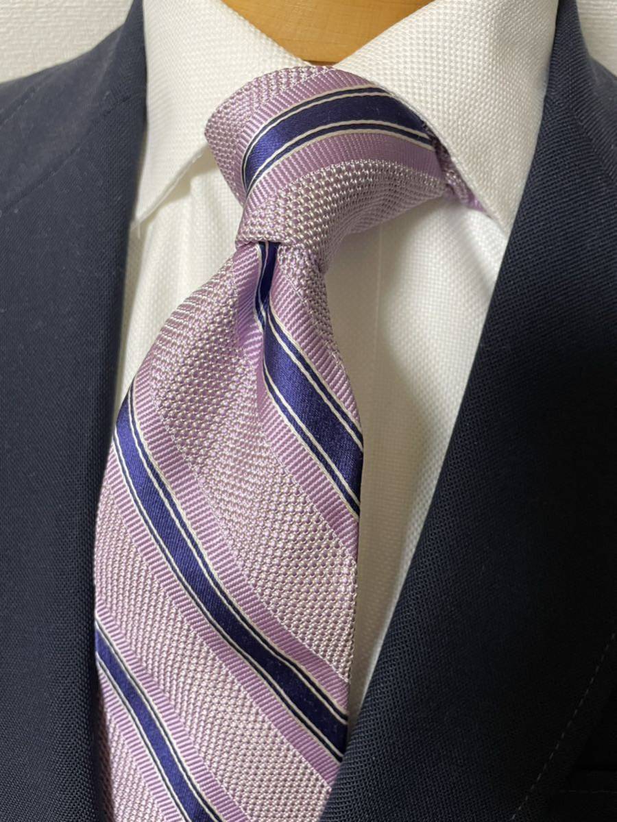 【未使用】CHAPS RALPH LAURENラルフローレン 薄いパープル基調ストライプネクタイ ネイビー大剣約9.5cm 日本製拍卖