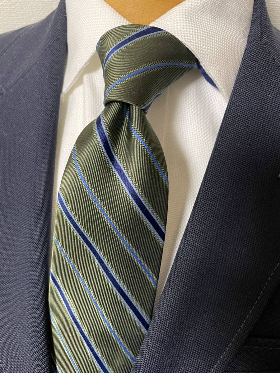 【美品】ポールスチュアート Paul Stuartストライプネクタイ グリーン基調大剣約8.5cm グリーン×ブルー 日本製シルク アラ商事拍卖