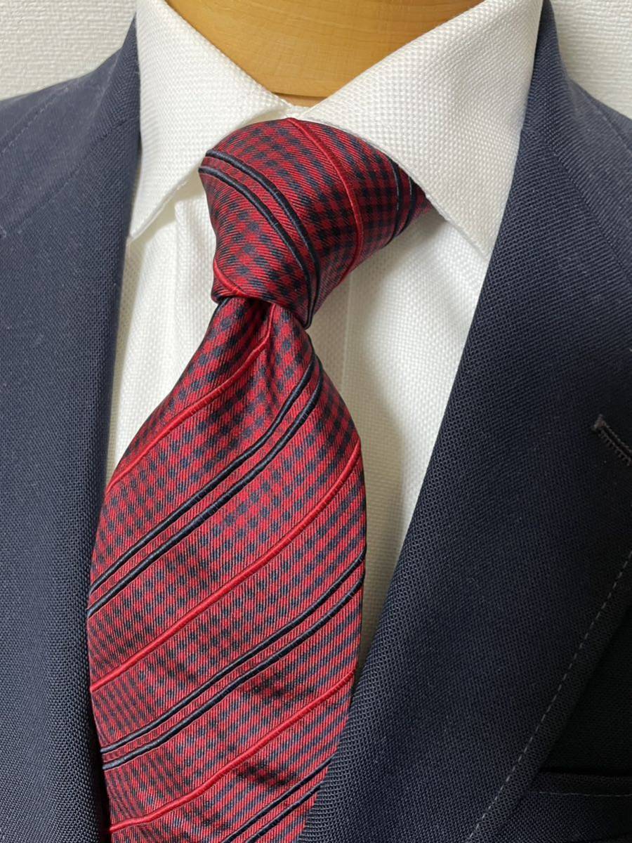 【美品】ポールスミス チェック柄ストライプ レッド基調大剣約9.5cm 日本製 シルク×コットン拍卖