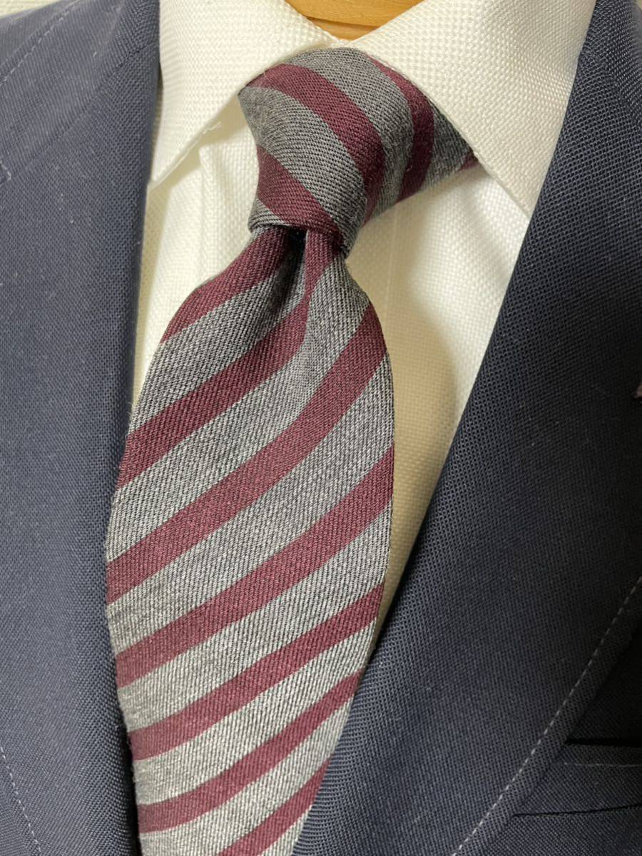 【美品】ポールスミス ストライプウールタイ グレー×ワインレッド ネクタイ大剣約8cm PaulSmith拍卖