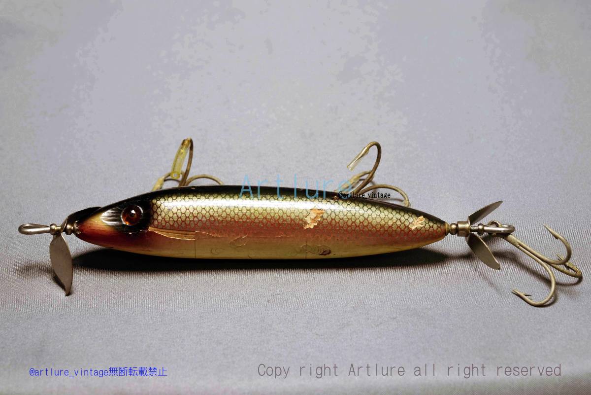 VINTAGE WOODEN LURE HEDDON HEDDONSOS MINNOW #170 1928~ GLASS EYE FLAP LIG(3612-3 )USA MADE #OLDLURE #ARTLURE_VINTAGE 拍卖