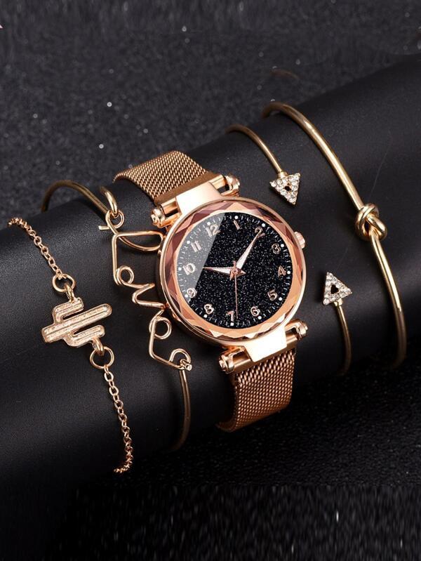 腕時計 レディース セット 1 個の女性ローズゴールド亜鉛合金ストラップファッショナブルなラウンドダイヤルクォーツ時計 & 4 個拍卖