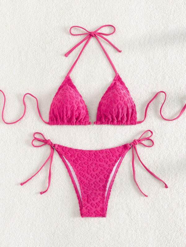 レディース 水着 ビキニセット ヒョウ柄 ホルター 三角形 横結び ビキニ水着拍卖