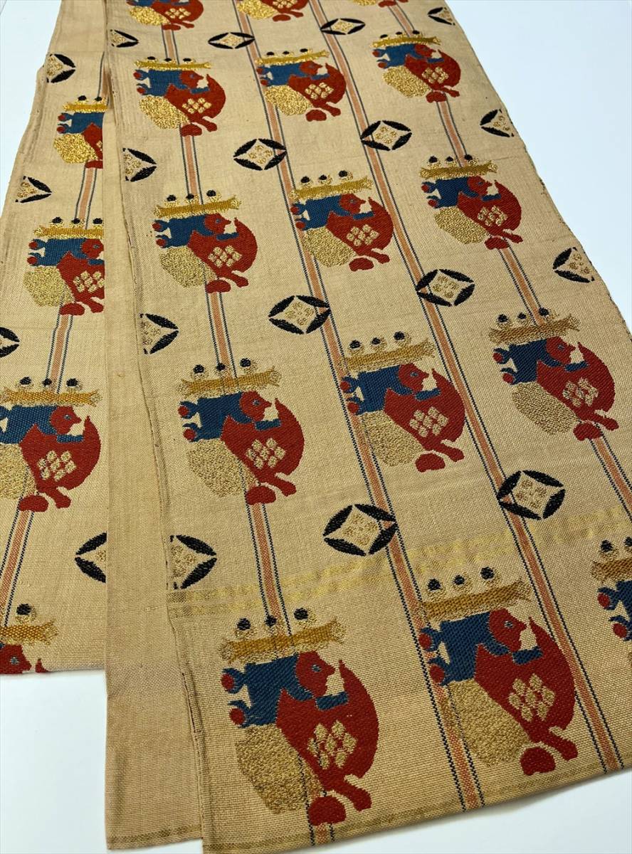 花とら●アンティーク帯 袋帯 甲比丹孔雀風 ベージュ 七宝 使用可能 リメイク 素材 240110拍卖