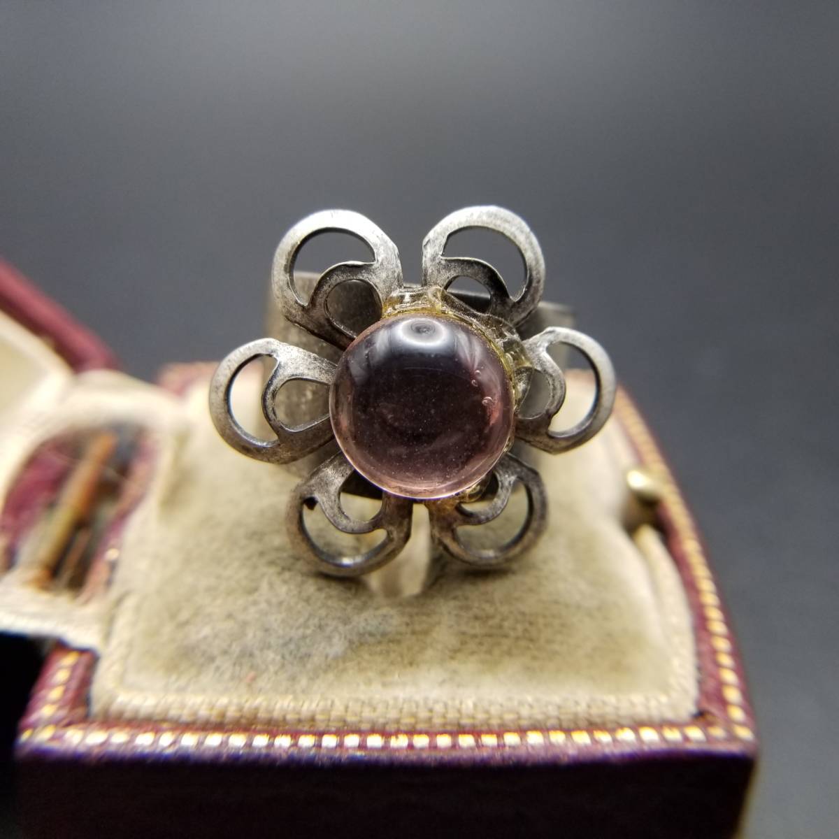 1960s ZIGGY ORIGINALS N.Y.C. 透かし フラワー クリアピンク ラウンド カボション フリー ヴィンテージ リング 指輪 ジュエリー Y13-D拍卖