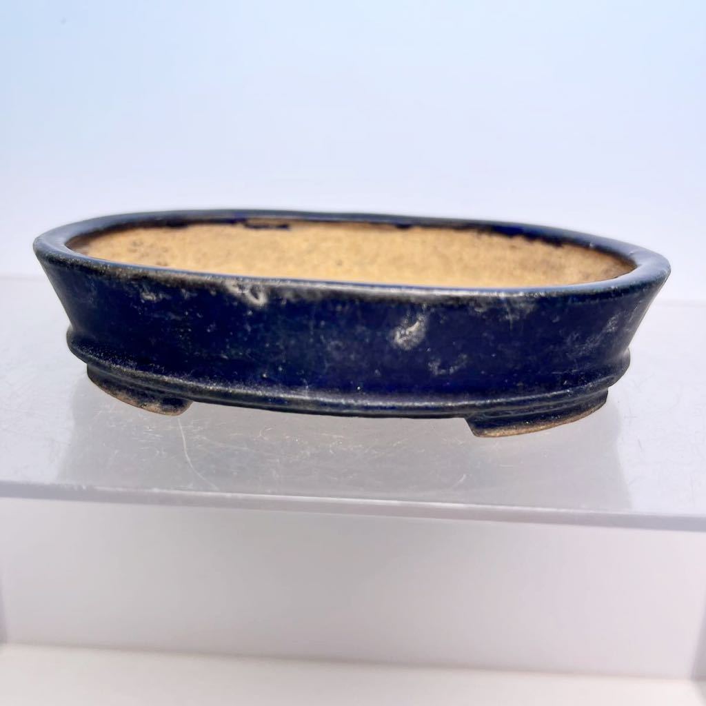 ☆ 9 在銘 青釉 足付 楕円形 盆栽鉢 共箱 w10.7cm 箱無し拍卖