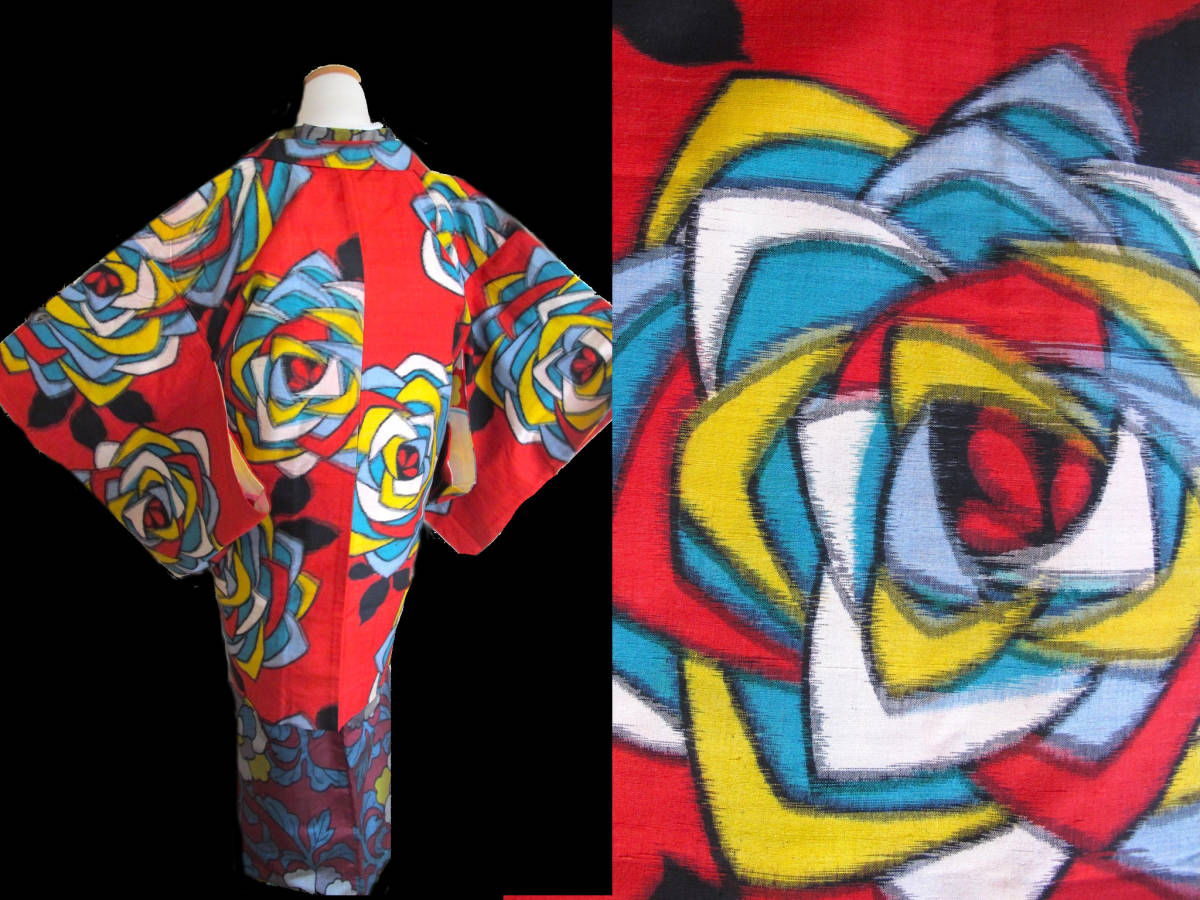 大胆!カラフル デコ薔薇 アンティーク銘仙羽織 モダンポップ拍卖