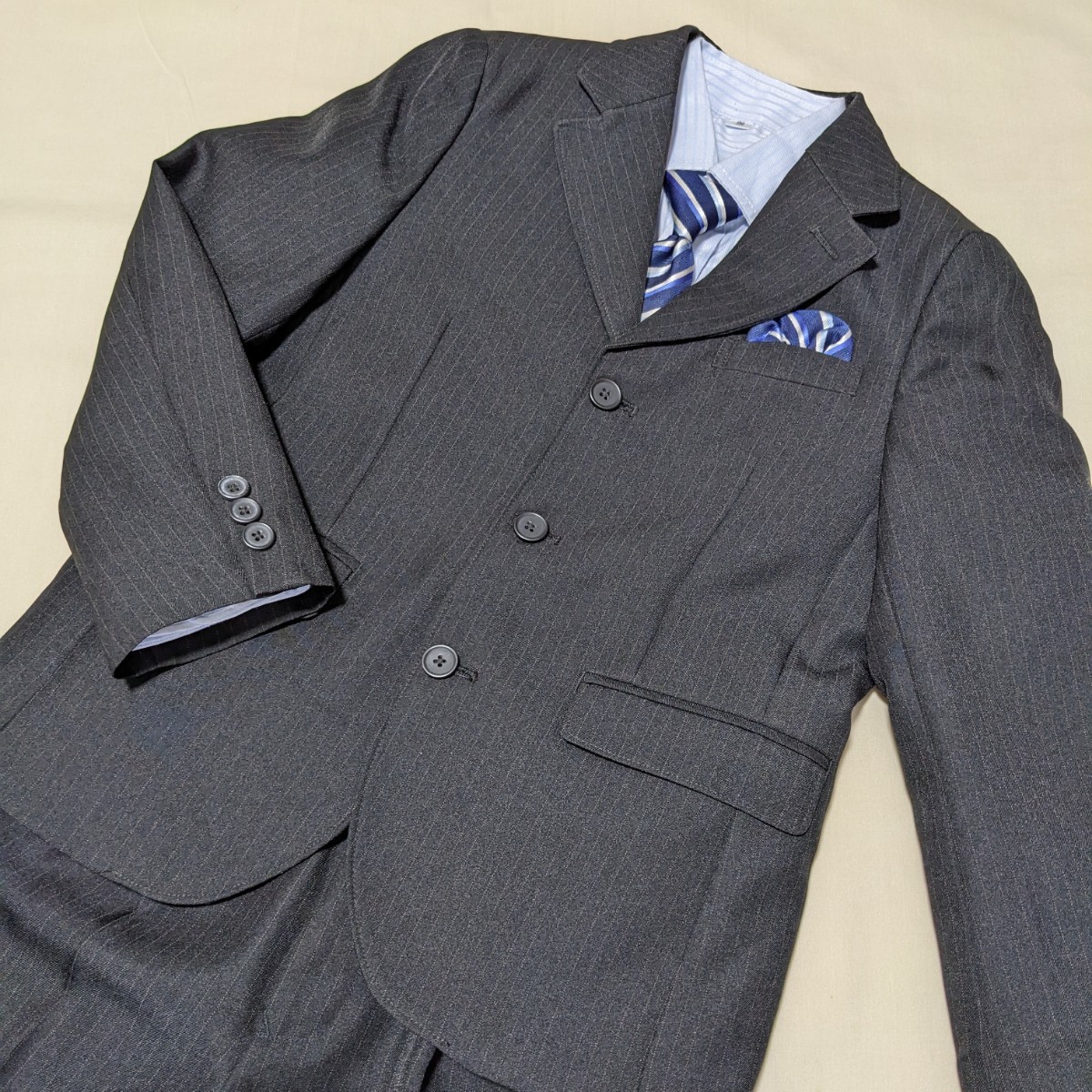 ☆FA73 キッズ フォーマル 130 130A 男の子 男子 セレモニー スーツ 上下 5点 セット 黒 ストライプ 入園式 卒園式 入学式拍卖