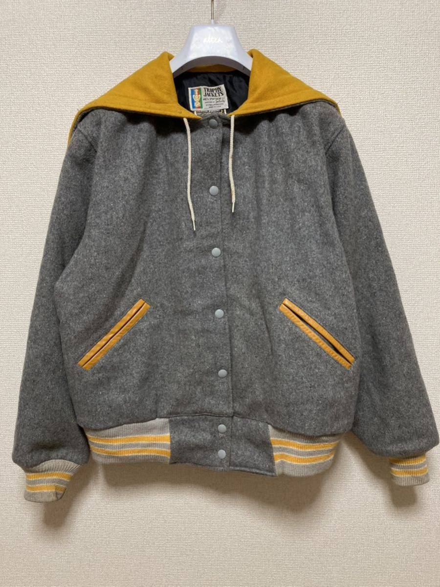 80's USAヴィンテージ TROPHY JACKETS スタジャン ウールスタジアムジャンパー レディース XL USA製 チェーンステッチ グレー×イエロー拍卖