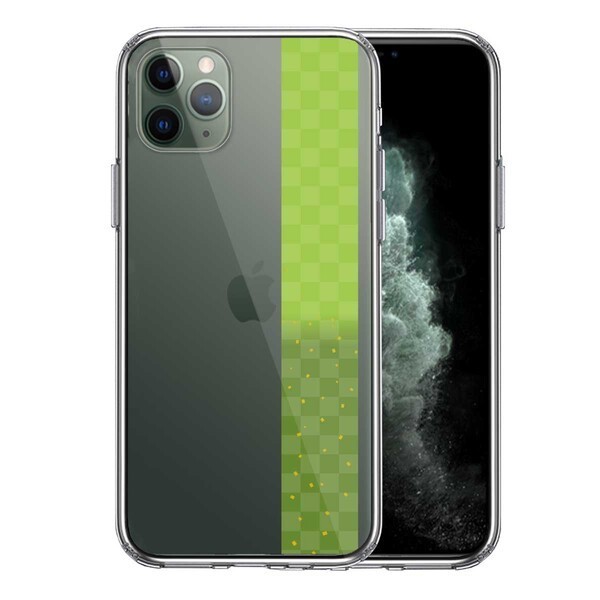 iPhone11pro ケース クリア 和柄 帯 市松模様 グリーン 緑 金箔 スマホケース 側面ソフト 背面ハード ハイブリッド拍卖
