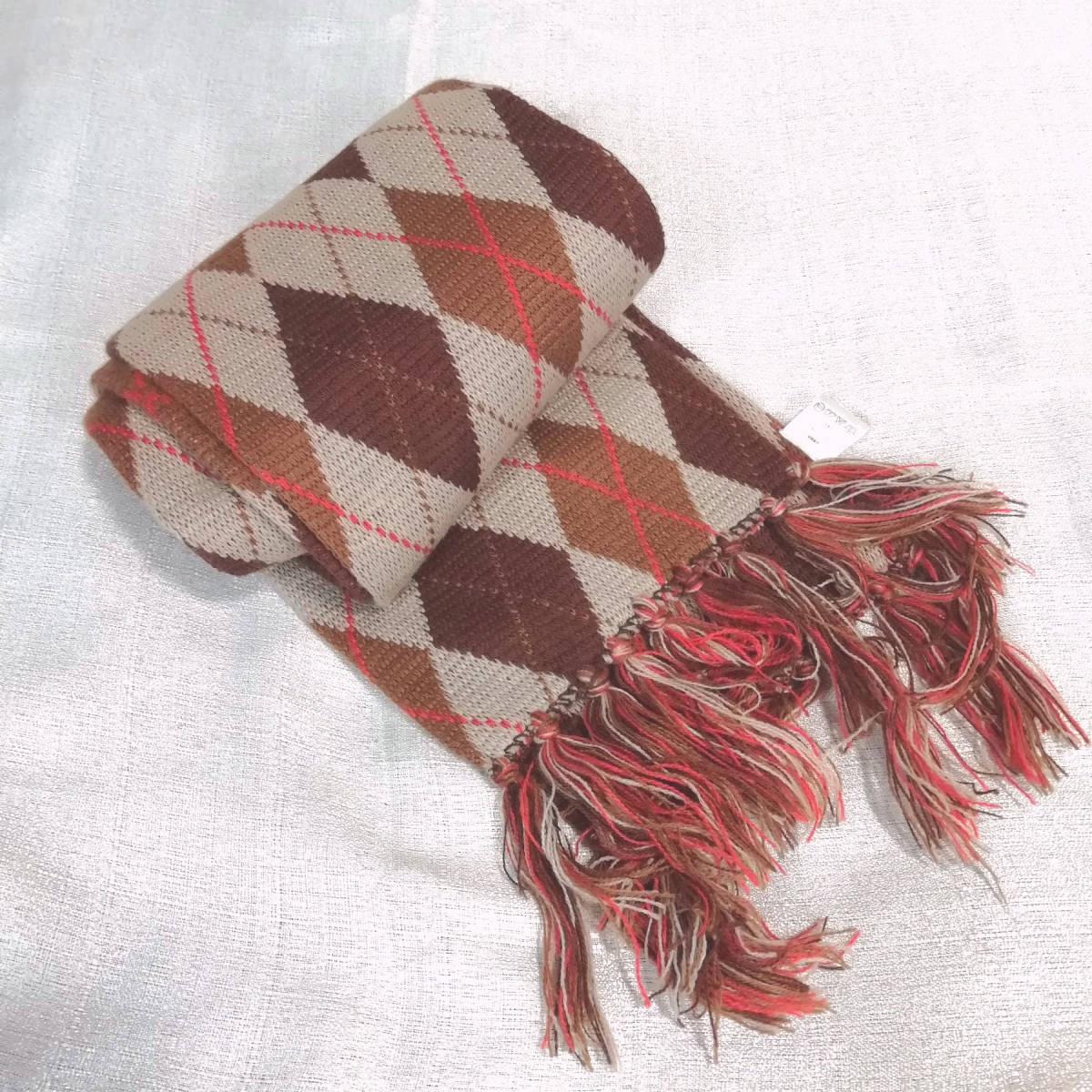 アーガイル柄 マフラー アクリル ブラウン ベージュ 155cm拍卖