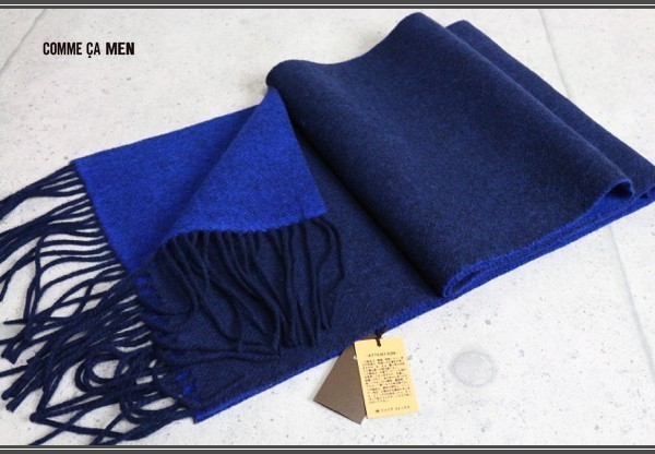 新品コムサメン 秋冬 4色糸 ウール100% リバーシブル ロング マフラー 紺青 定価1.2万円 /COMME CA MEN拍卖