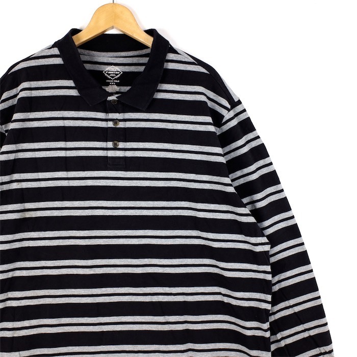 St.John's Bay セントジョンズベイ 長袖ポロシャツ メンズUS-XXLサイズ ボーダー柄 ブラック グレー 2XL sh-4193n拍卖