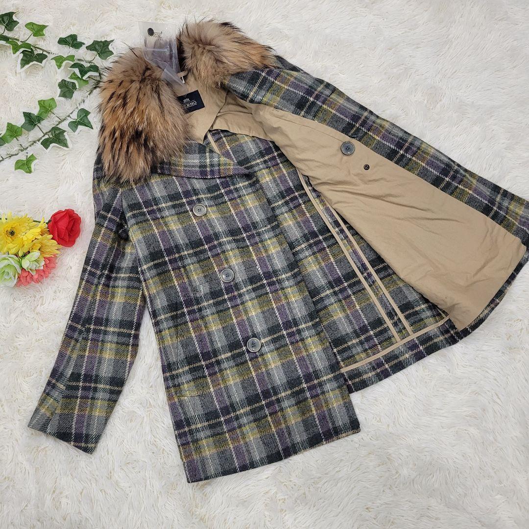 ヘルノ ふわふわ ファー付き チェック 暖か ジャケット コート ウール拍卖