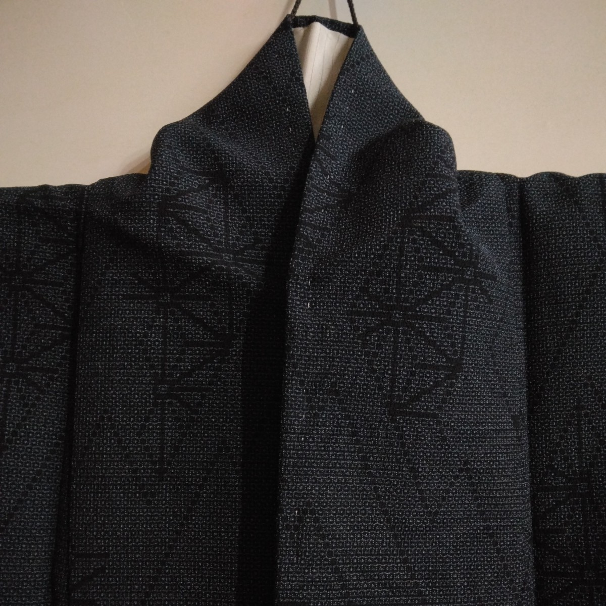 正絹 単衣 紺 麻の葉文様 藍色 小紋 上質 157cm拍卖