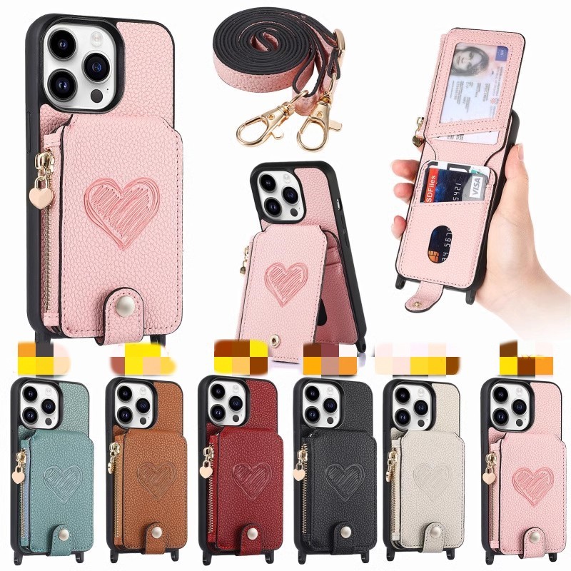 iPhone 14 ケース iPhone14 カバー アイフォン14 ケース 6.1インチ カード収納 ショルダーバッグカバー ファスナー LOVE ストラップ付き拍卖