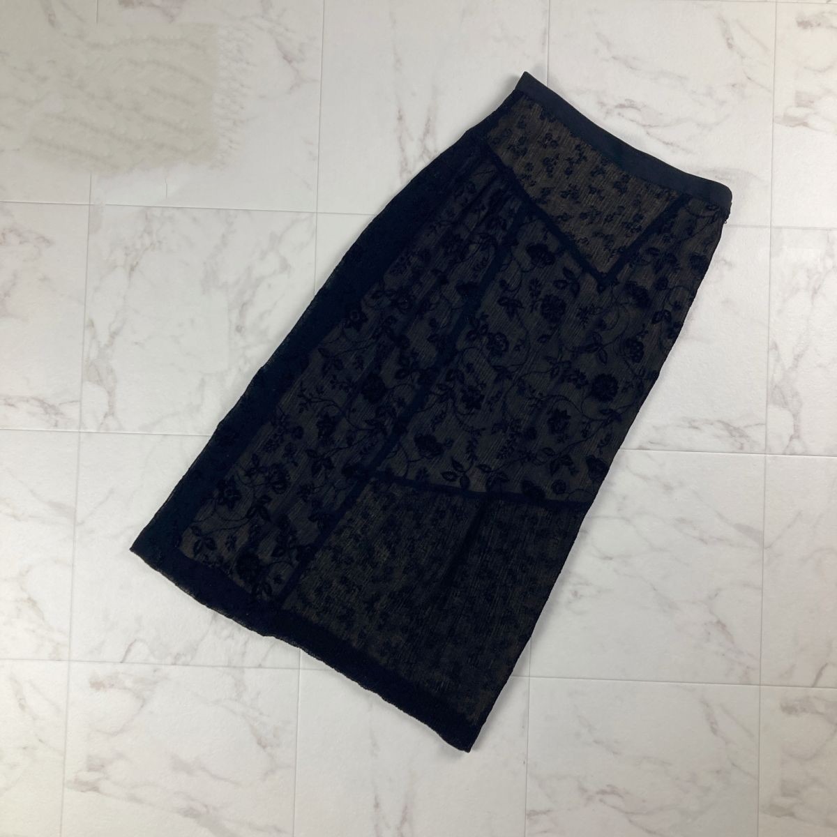 美品 Rossa ロッサ 総レース レイヤード タイトスカート ミモレ丈 裏地あり サイドジップ 黒 ブラック ベージュ サイズ42*LC652拍卖