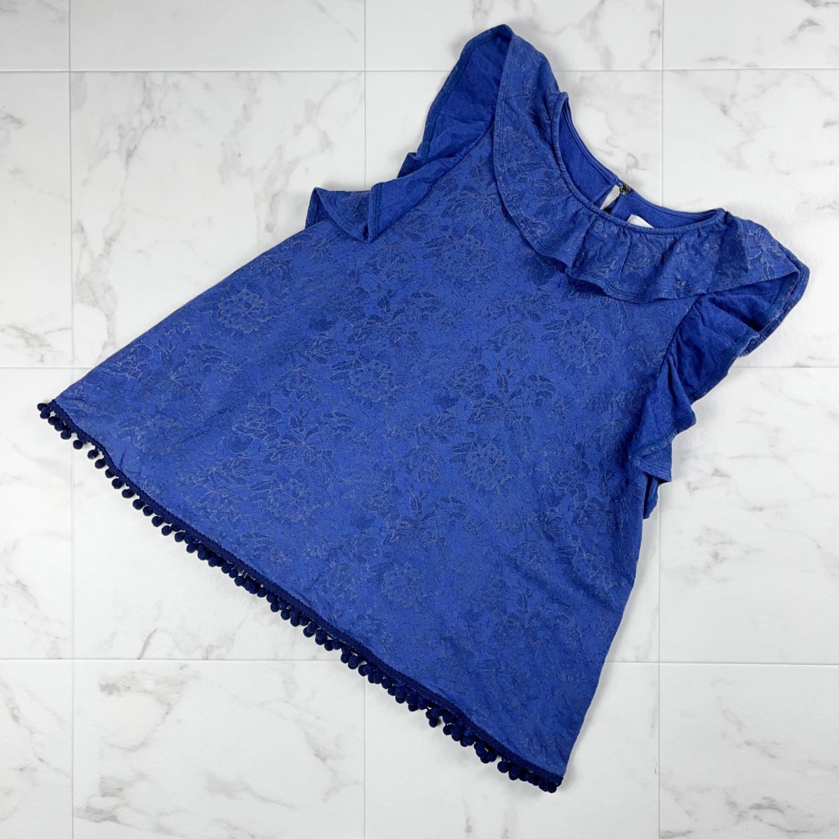 美品 Kaon カオン 花柄 ポンポンフリンジ フリルデザイン ノースリーブカットソー トップス レディース 青 ブルー サイズF*LC340拍卖