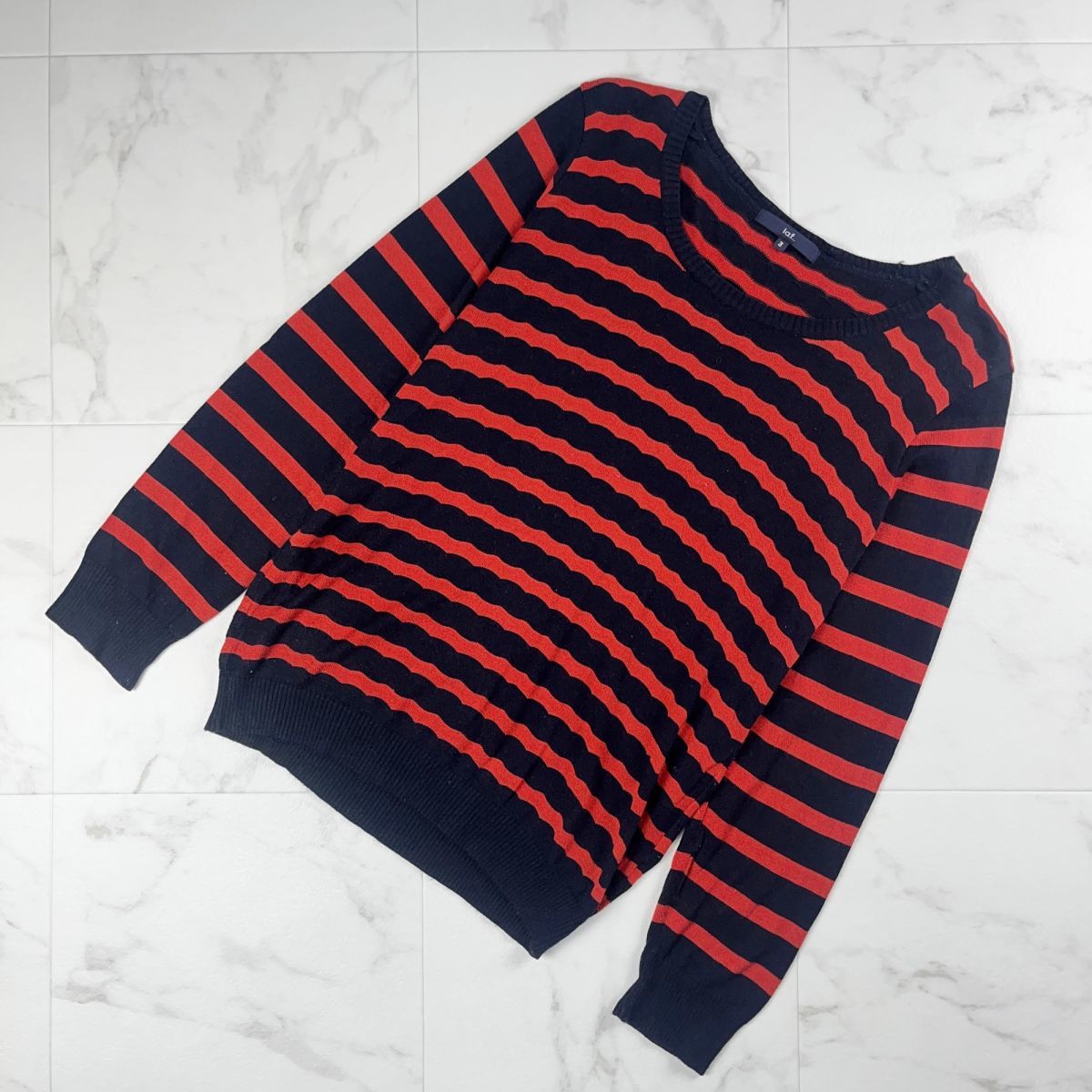 美品 la.f... L ラ エフ デザインボーダー 丸襟 長袖ニットカットソー トップス レディース 赤 紺 サイズ3*LC350拍卖